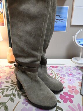 Marc O'Polo Taupe Suede Knee High Boots Block Heel Buckle Strap Size 4 (UK)